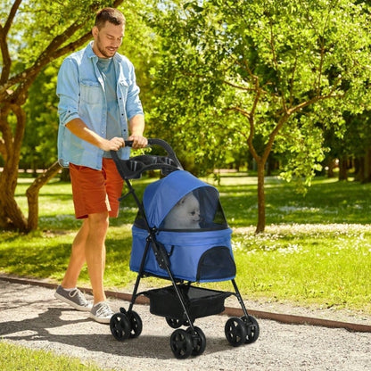 PawHut Hundebuggy Klappbar für Kleine Hunde & Katzen, Mit Sicherheitsleinen & Netzfenstern, Oxford-Gewebe, Kompakt 67x45x96 cm (Blau)