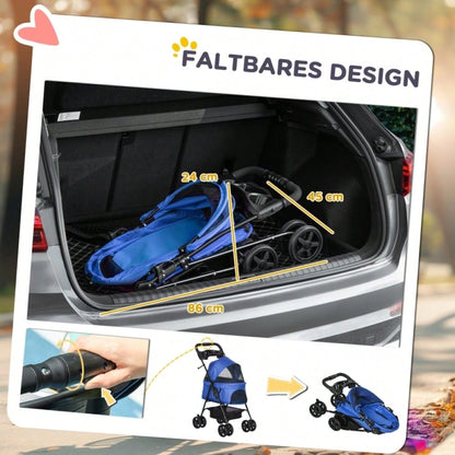 PawHut Hundebuggy Klappbar für Kleine Hunde & Katzen, Mit Sicherheitsleinen & Netzfenstern, Oxford-Gewebe, Kompakt 67x45x96 cm (Blau)