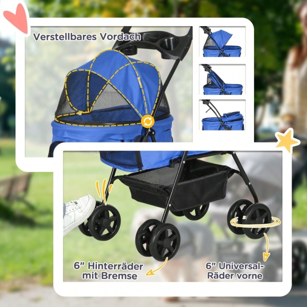 PawHut Hundebuggy Klappbar für Kleine Hunde & Katzen, Mit Sicherheitsleinen & Netzfenstern, Oxford-Gewebe, Kompakt 67x45x96 cm (Blau)