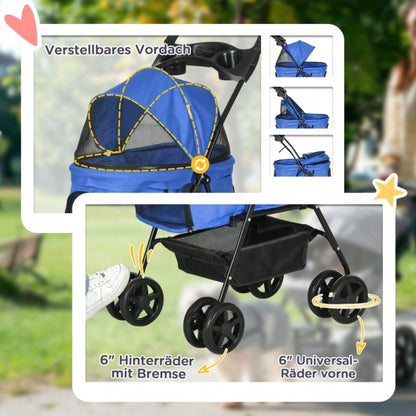 PawHut Hundebuggy Klappbar für Kleine Hunde & Katzen, Mit Sicherheitsleinen & Netzfenstern, Oxford-Gewebe, Kompakt 67x45x96 cm (Blau)