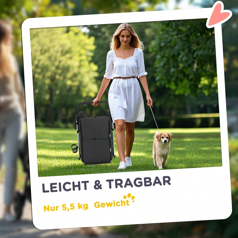 PawHut Hundebuggy aus Aluminium Klappbar bis 10 kg, Für Hunde & Katzen, Mit Kissen, Netzfenstern & Aufbewahrungskorb, Leicht & Stabil (Grau)