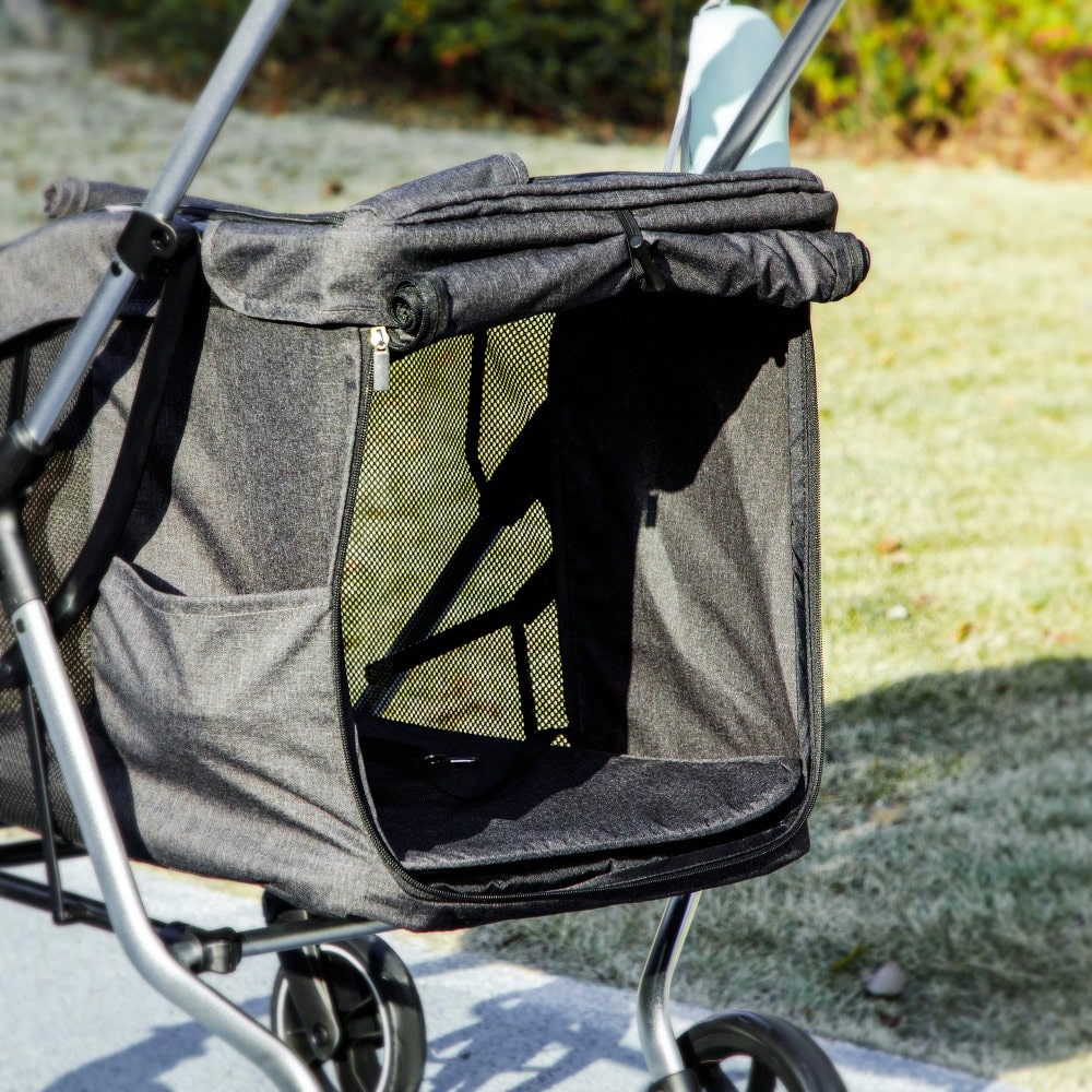 PawHut Hundebuggy aus Aluminium Klappbar bis 10 kg, Für Hunde & Katzen, Mit Kissen, Netzfenstern & Aufbewahrungskorb, Leicht & Stabil (Grau)