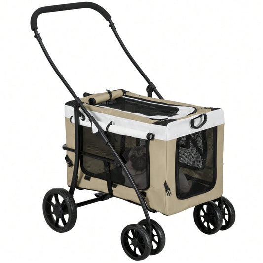 PawHut Haustierbuggy Klappbar mit Abnehmbarer Tragetasche & 4 Rädern, Für Hunde & Katzen, Mit Sicherheitsgurten & Bremsen, 600D Oxford (Khaki, 81x58x97.5 cm)