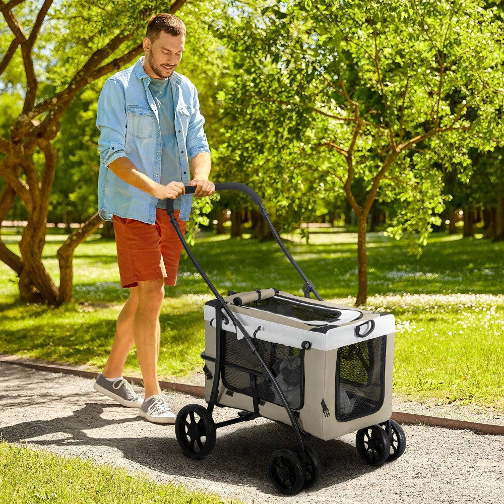 PawHut Haustierbuggy Klappbar mit Abnehmbarer Tragetasche & 4 Rädern, Für Hunde & Katzen, Mit Sicherheitsgurten & Bremsen, 600D Oxford (Khaki, 81x58x97.5 cm)