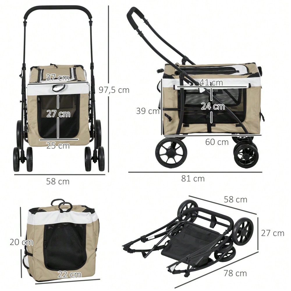 PawHut Haustierbuggy Klappbar mit Abnehmbarer Tragetasche & 4 Rädern, Für Hunde & Katzen, Mit Sicherheitsgurten & Bremsen, 600D Oxford (Khaki, 81x58x97.5 cm)