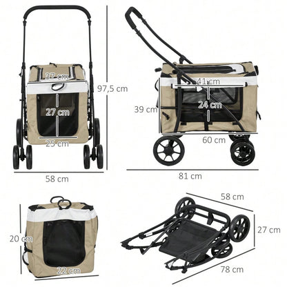 PawHut Haustierbuggy Klappbar mit Abnehmbarer Tragetasche & 4 Rädern, Für Hunde & Katzen, Mit Sicherheitsgurten & Bremsen, 600D Oxford (Khaki, 81x58x97.5 cm)