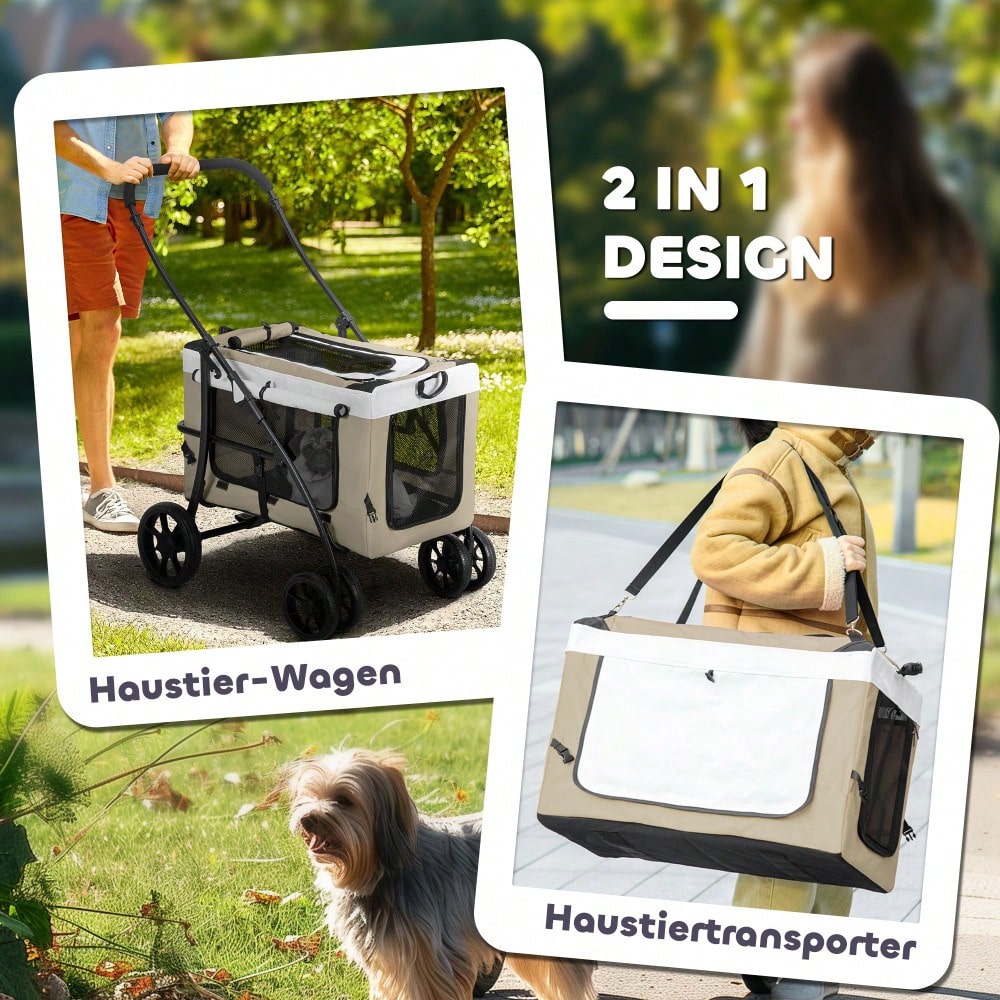 PawHut Haustierbuggy Klappbar mit Abnehmbarer Tragetasche & 4 Rädern, Für Hunde & Katzen, Mit Sicherheitsgurten & Bremsen, 600D Oxford (Khaki, 81x58x97.5 cm)
