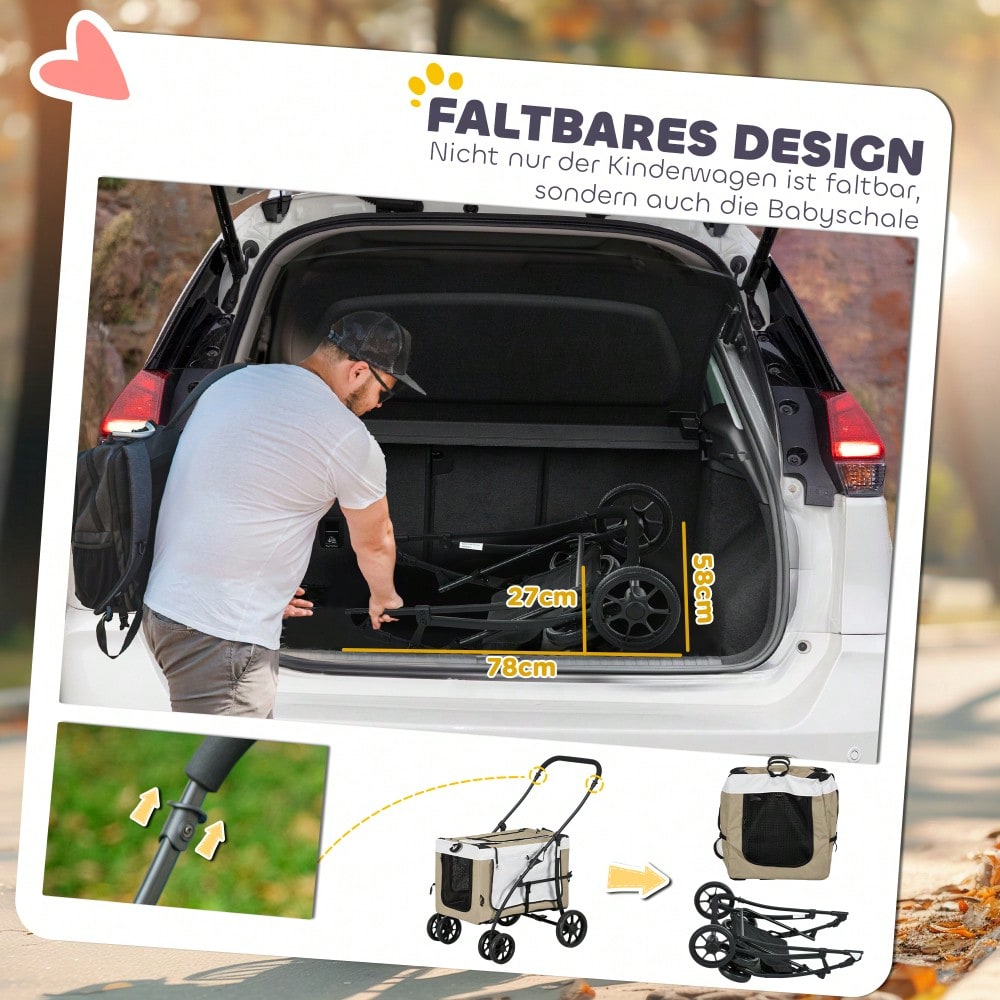 PawHut Haustierbuggy Klappbar mit Abnehmbarer Tragetasche & 4 Rädern, Für Hunde & Katzen, Mit Sicherheitsgurten & Bremsen, 600D Oxford (Khaki, 81x58x97.5 cm)