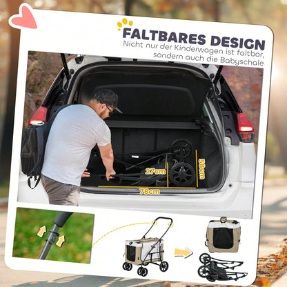 PawHut Haustierbuggy Klappbar mit Abnehmbarer Tragetasche & 4 Rädern, Für Hunde & Katzen, Mit Sicherheitsgurten & Bremsen, 600D Oxford (Khaki, 81x58x97.5 cm)