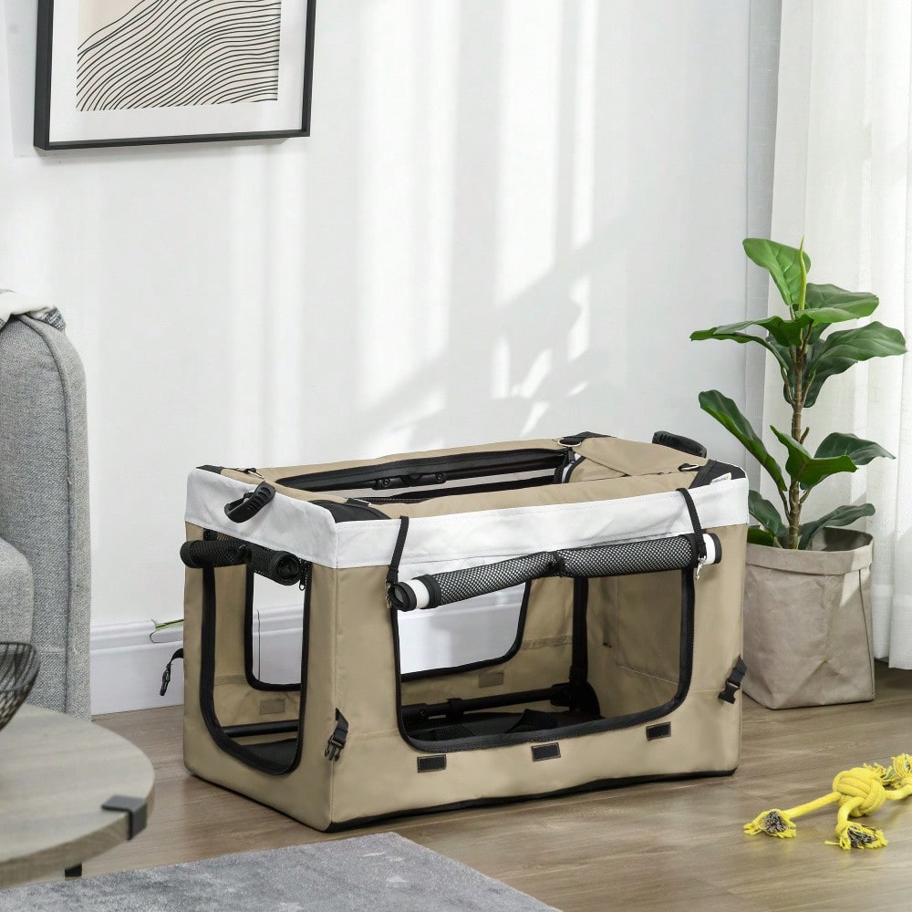 PawHut Haustierbuggy Klappbar mit Abnehmbarer Tragetasche & 4 Rädern, Für Hunde & Katzen, Mit Sicherheitsgurten & Bremsen, 600D Oxford (Khaki, 81x58x97.5 cm)