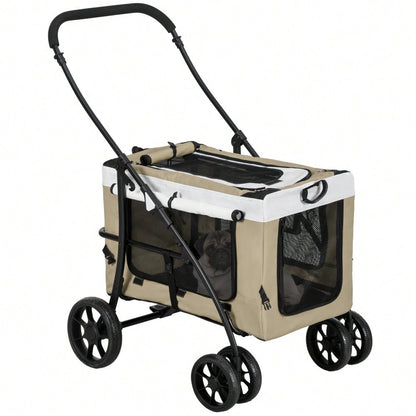 PawHut Haustierbuggy Klappbar mit Abnehmbarer Tragetasche & 4 Rädern, Für Hunde & Katzen, Mit Sicherheitsgurten & Bremsen, 600D Oxford (Khaki, 81x58x97.5 cm)