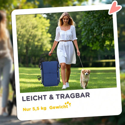 PawHut Hundebuggy aus Aluminium Klappbar bis 10 kg, Für Hunde & Katzen, Mit Kissen, Netzfenstern & Aufbewahrungskorb, Leicht & Stabil (Dunkelblau)