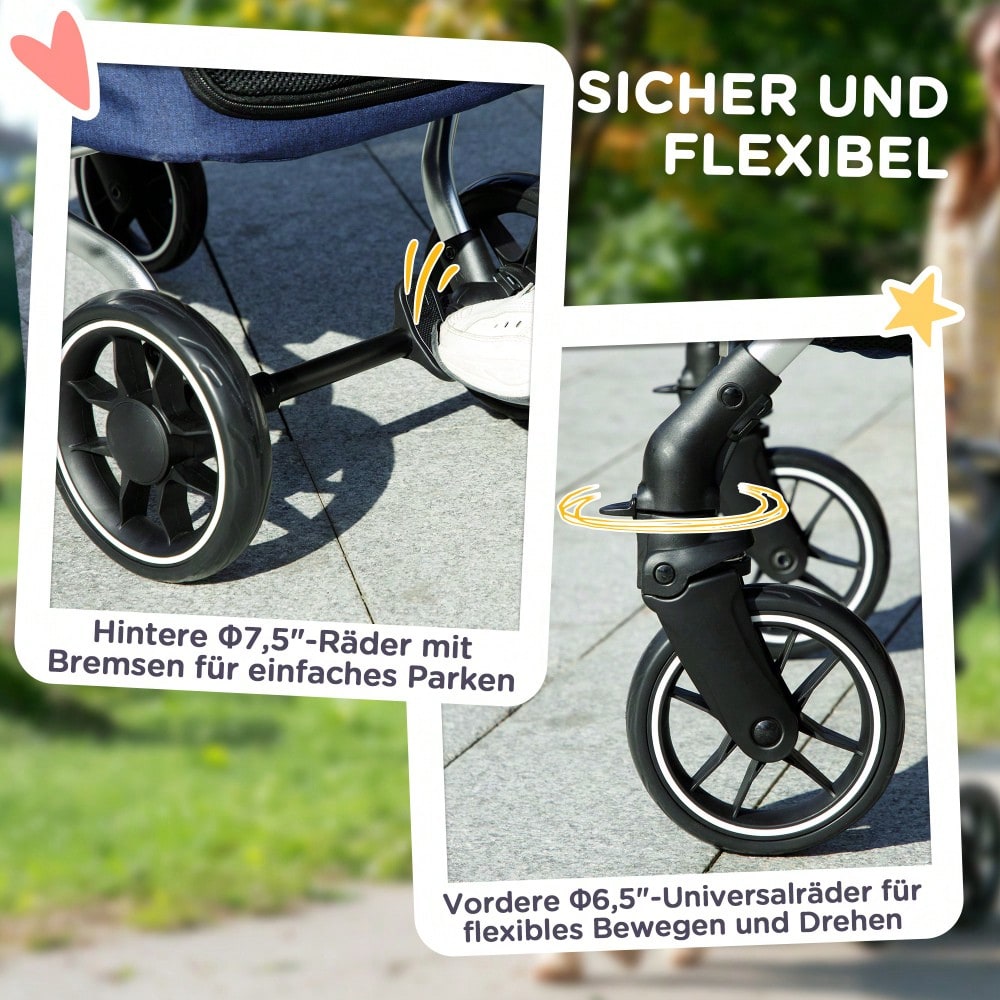 PawHut Hundebuggy aus Aluminium Klappbar bis 10 kg, Für Hunde & Katzen, Mit Kissen, Netzfenstern & Aufbewahrungskorb, Leicht & Stabil (Dunkelblau)