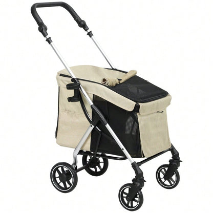 PawHut Hundebuggy aus Aluminium Klappbar bis 10 kg, Für Hunde & Katzen, Mit Kissen, Netzfenstern & Staufach, Leicht & Stabil (Khaki)