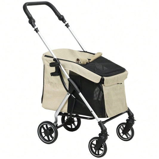 PawHut Hundebuggy aus Aluminium Klappbar bis 10 kg, Für Hunde & Katzen, Mit Kissen, Netzfenstern & Staufach, Leicht & Stabil (Khaki)