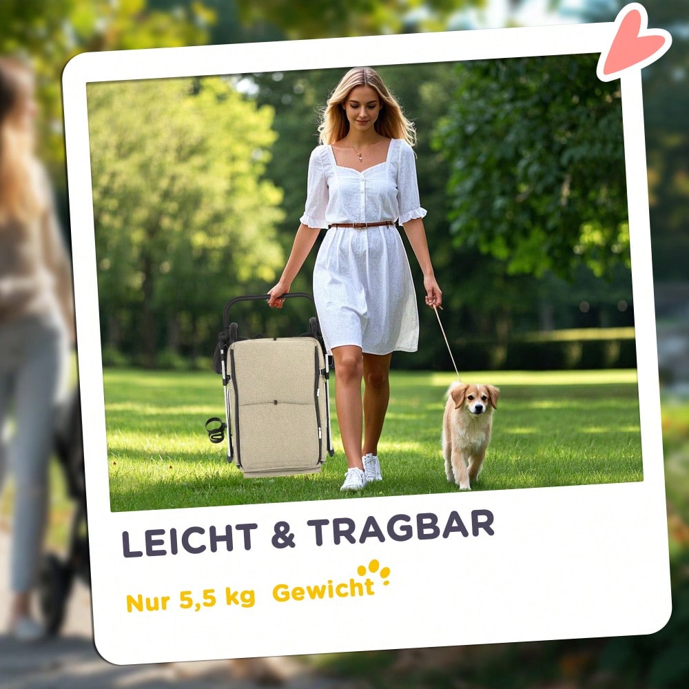 PawHut Hundebuggy aus Aluminium Klappbar bis 10 kg, Für Hunde & Katzen, Mit Kissen, Netzfenstern & Staufach, Leicht & Stabil (Khaki)