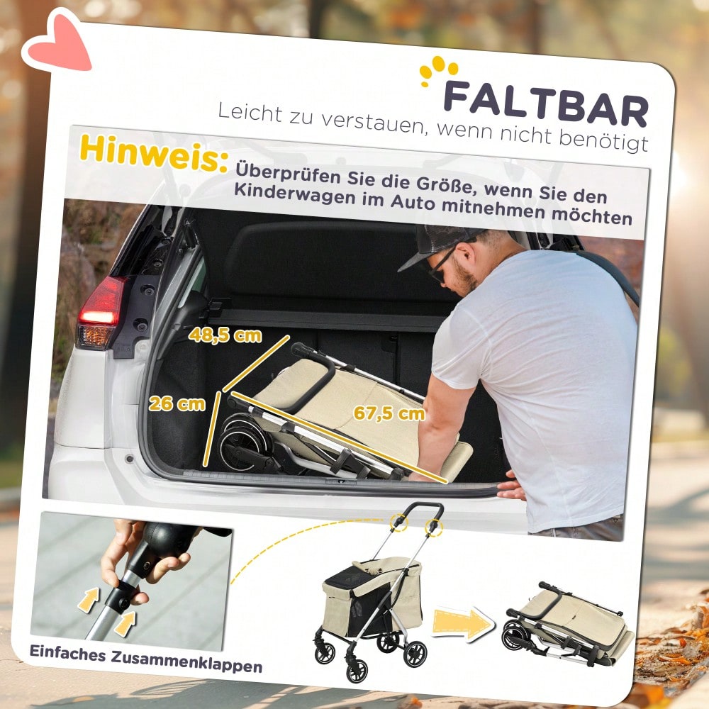 PawHut Hundebuggy aus Aluminium Klappbar bis 10 kg, Für Hunde & Katzen, Mit Kissen, Netzfenstern & Staufach, Leicht & Stabil (Khaki)