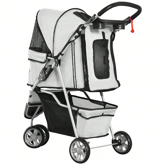 PawHut Hundewagen Transportwagen für Hunde und Katzen, Klappbarer Buggy mit Sicherheitsgurt, Grau