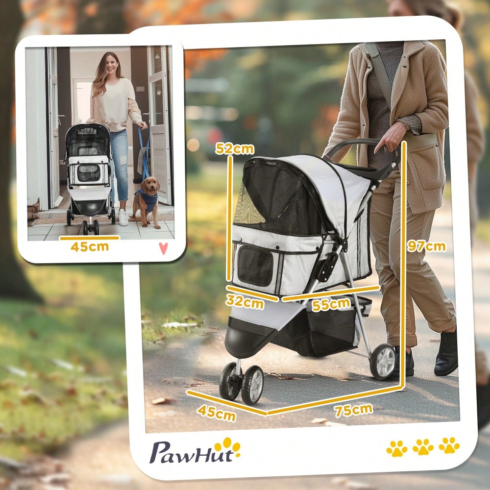 PawHut Hundewagen Transportwagen für Hunde und Katzen, Klappbarer Buggy mit Sicherheitsgurt, Grau