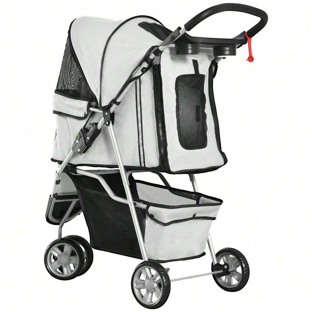 PawHut Hundewagen Transportwagen für Hunde und Katzen, Klappbarer Buggy mit Sicherheitsgurt, Grau
