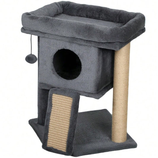 PawHut Kratzbaum für Katzen mit Katzenhaus, Kratzmatte aus Jute, Liegefläche und Spielball, 57 cm Höhe, Beige