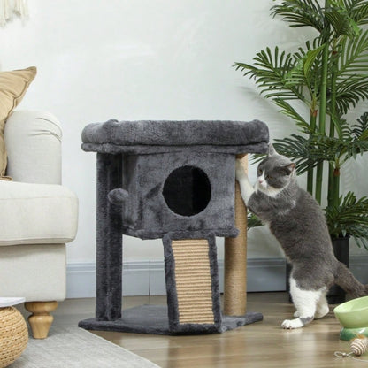 PawHut Kratzbaum für Katzen mit Katzenhaus, Kratzmatte aus Jute, Liegefläche und Spielball, 57 cm Höhe, Beige