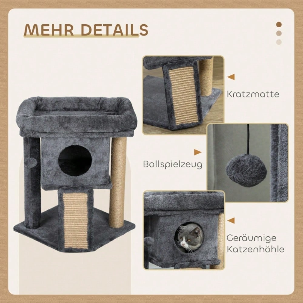 PawHut Kratzbaum für Katzen mit Katzenhaus, Kratzmatte aus Jute, Liegefläche und Spielball, 57 cm Höhe, Beige