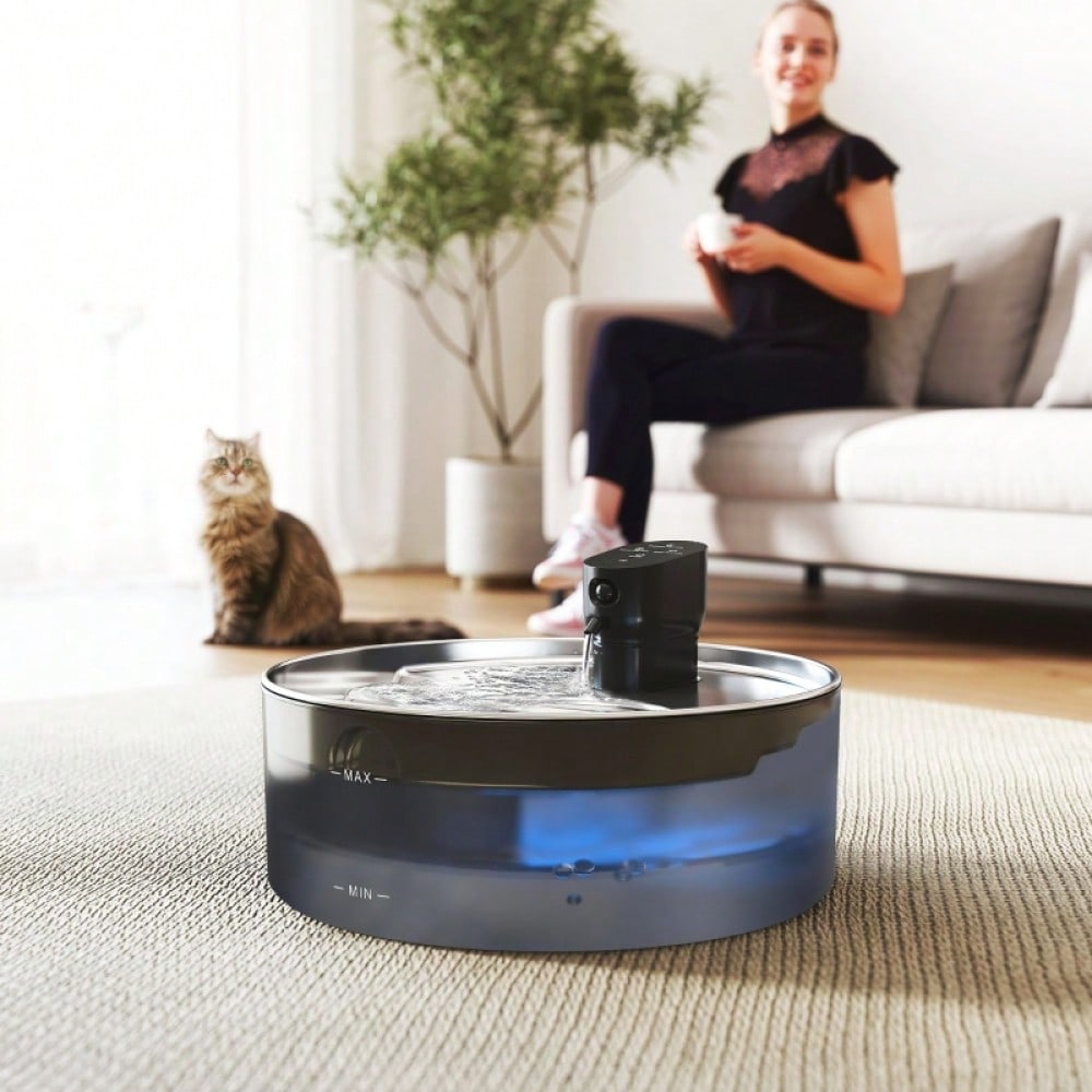 PawHut Trinkbrunnen für Katzen 7L aus Edelstahl, mit leiser Pumpe, Aktivkohlefilter und LED, 30.6 x 30.6 x 17.2 cm