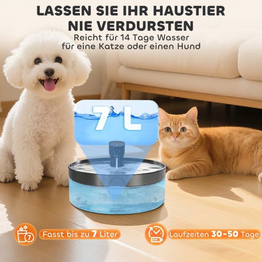PawHut Trinkbrunnen für Katzen 7L aus Edelstahl, mit leiser Pumpe, Aktivkohlefilter und LED, 30.6 x 30.6 x 17.2 cm