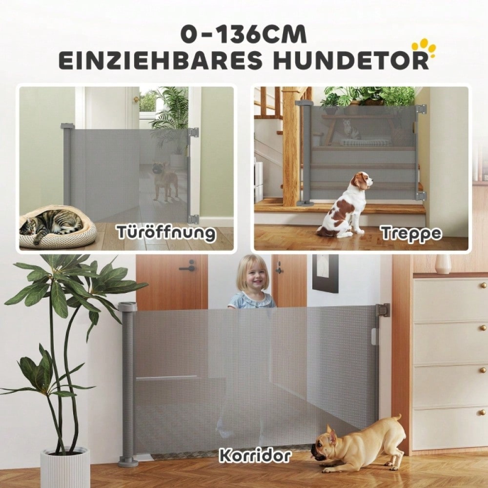 PawHut Türschutzgitter Treppenschutzgitter ausziehbar 0-136 cm, 87 cm hoch, für Haustiere, grau, 142 x 10 x 87 cm