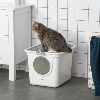 PawHut Indoor-Katzentoilette mit Deckel, Katzenklo inkl. Schaufel für Katzen bis 5 kg, Kunststoff, grau/weiß, 44x55x39 cm