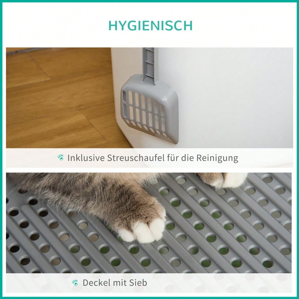 PawHut Indoor-Katzentoilette mit Deckel, Katzenklo inkl. Schaufel für Katzen bis 5 kg, Kunststoff, grau/weiß, 44x55x39 cm