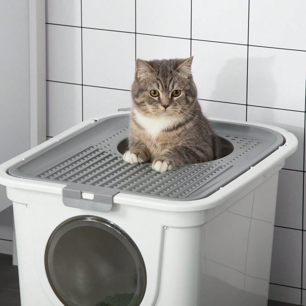 PawHut Indoor-Katzentoilette mit Deckel, Katzenklo inkl. Schaufel für Katzen bis 5 kg, Kunststoff, grau/weiß, 44x55x39 cm