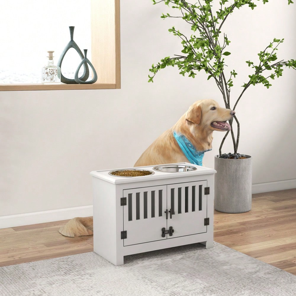 PawHut Erhöhte Futterstation für extra große Hunde, mit 2L Edelstahlschalen, Stauraum & Doppeltür mit Schloss, weiß