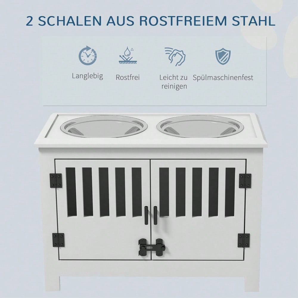 PawHut Erhöhte Futterstation für extra große Hunde, mit 2L Edelstahlschalen, Stauraum & Doppeltür mit Schloss, weiß