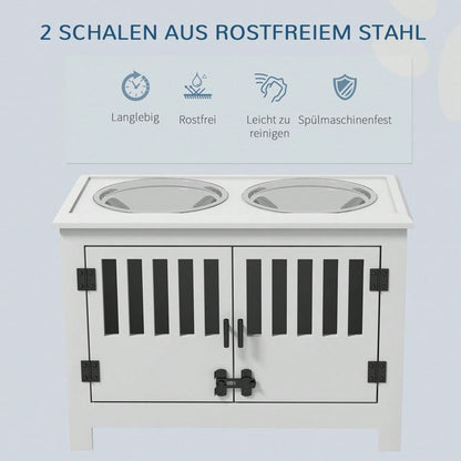 PawHut Erhöhte Futterstation für extra große Hunde, mit 2L Edelstahlschalen, Stauraum & Doppeltür mit Schloss, weiß