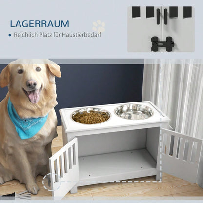 PawHut Erhöhte Futterstation für extra große Hunde, mit 2L Edelstahlschalen, Stauraum & Doppeltür mit Schloss, weiß