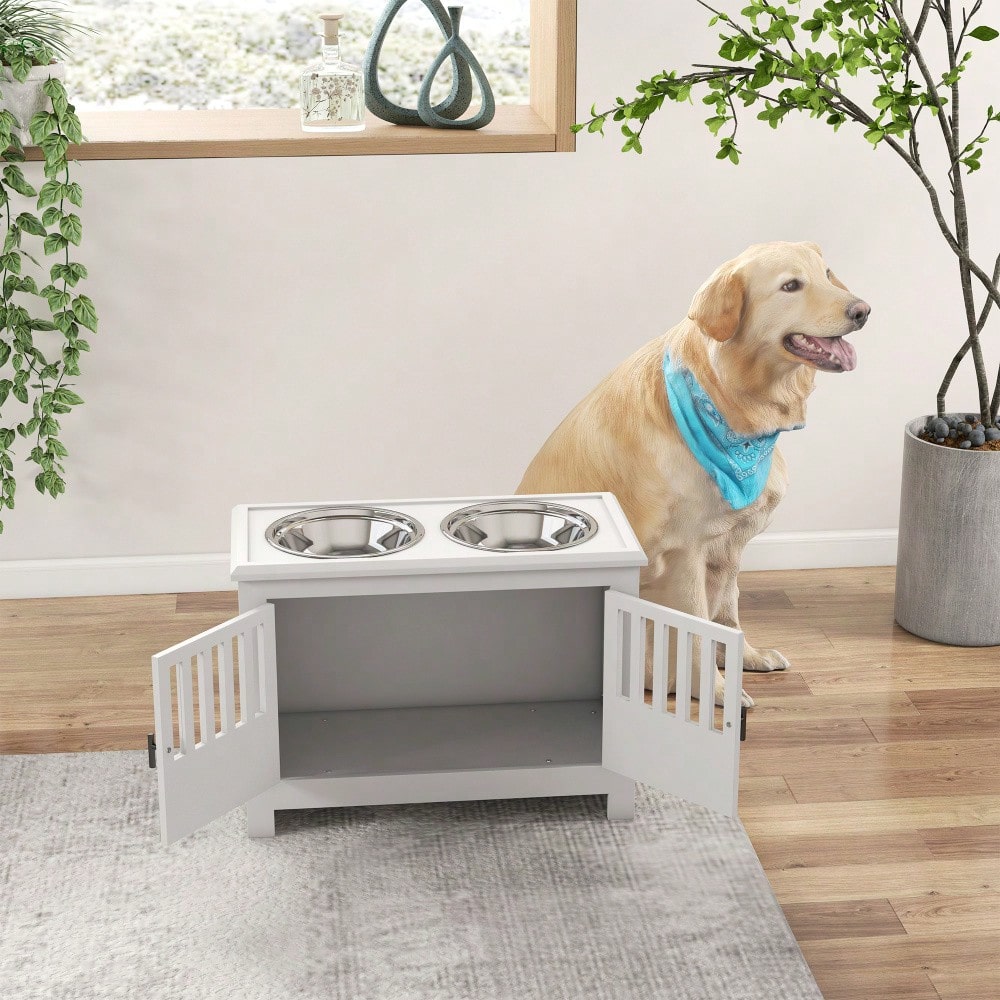 PawHut Erhöhte Futterstation für extra große Hunde, mit 2L Edelstahlschalen, Stauraum & Doppeltür mit Schloss, weiß