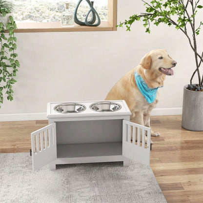 PawHut Erhöhte Futterstation für extra große Hunde, mit 2L Edelstahlschalen, Stauraum & Doppeltür mit Schloss, weiß