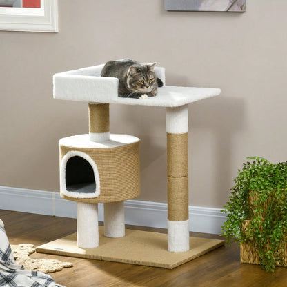 PawHut Kratzbaum für Katzen bis 8 kg, 79 cm mit Katzenhöhle, Liegefläche und Jute Bezug, Braun/Weiß