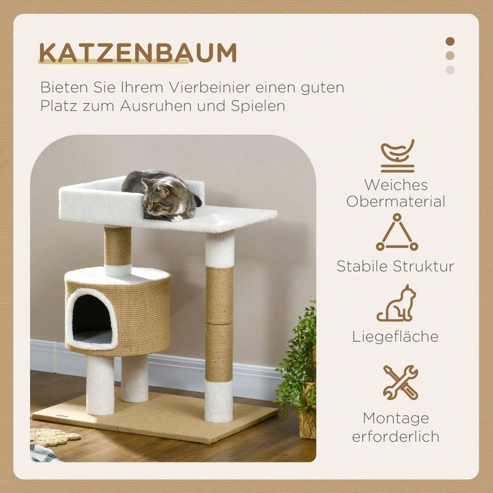 PawHut Kratzbaum für Katzen bis 8 kg, 79 cm mit Katzenhöhle, Liegefläche und Jute Bezug, Braun/Weiß