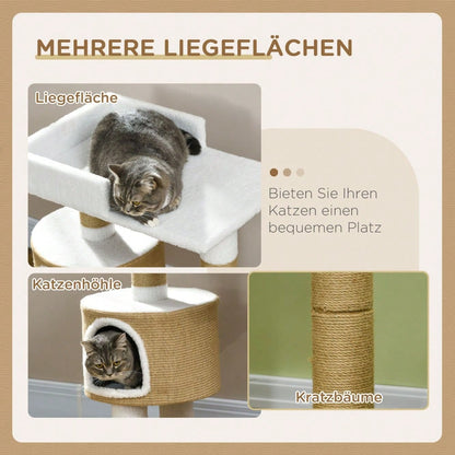 PawHut Kratzbaum für Katzen bis 8 kg, 79 cm mit Katzenhöhle, Liegefläche und Jute Bezug, Braun/Weiß