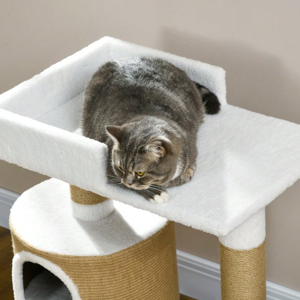 PawHut Kratzbaum für Katzen bis 8 kg, 79 cm mit Katzenhöhle, Liegefläche und Jute Bezug, Braun/Weiß