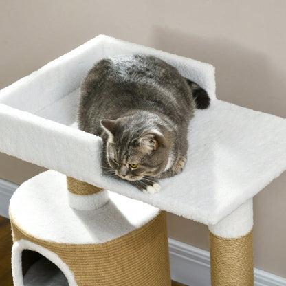 PawHut Kratzbaum für Katzen bis 8 kg, 79 cm mit Katzenhöhle, Liegefläche und Jute Bezug, Braun/Weiß