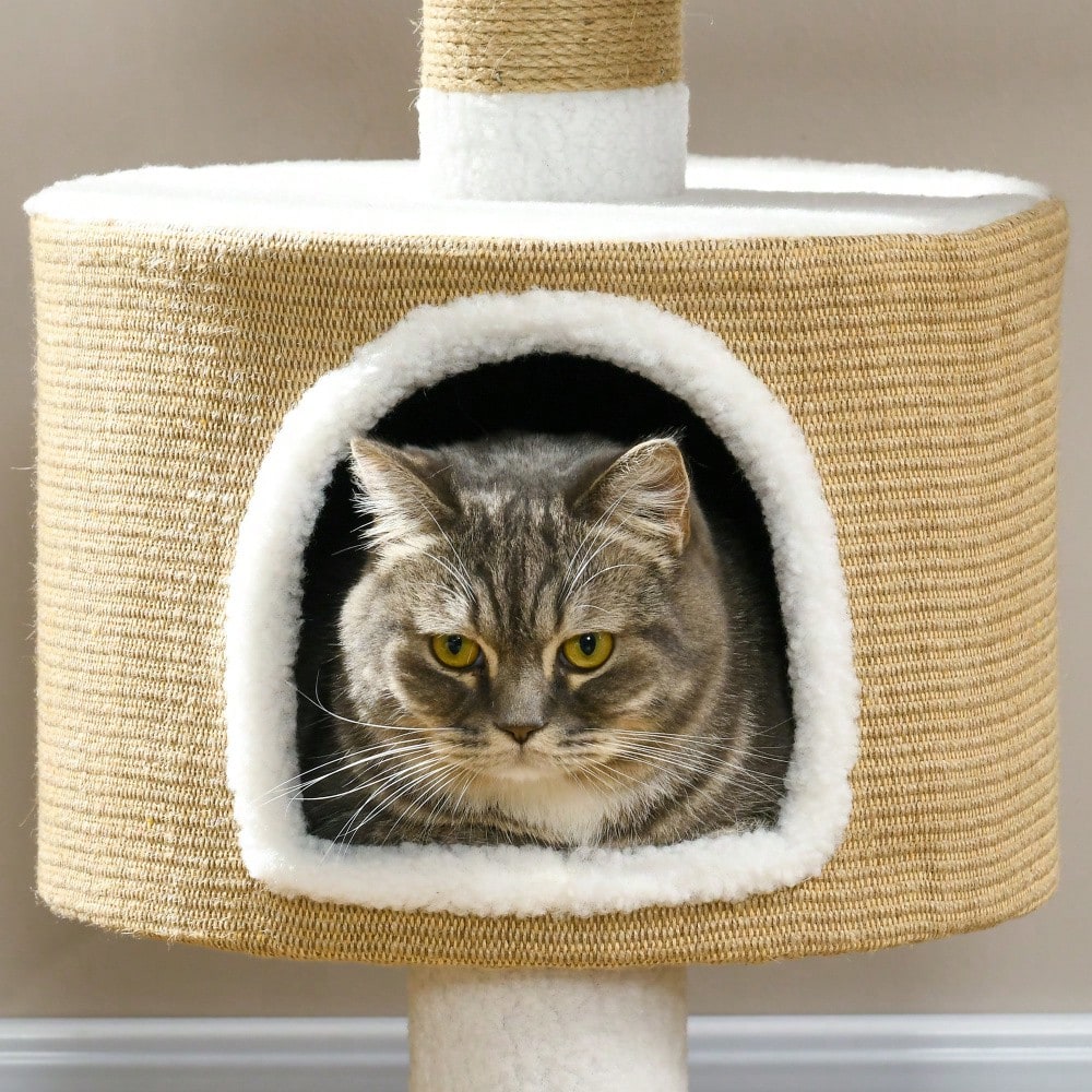 PawHut Kratzbaum für Katzen bis 8 kg, 79 cm mit Katzenhöhle, Liegefläche und Jute Bezug, Braun/Weiß
