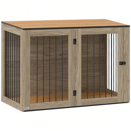 PawHut Hundekäfig als Möbelstück mit Beistellfunktion, für große Hunde bis 30 kg, mit Tür & Fenster, Stahlgestell in Eiche-Optik, 106x60x76 cm