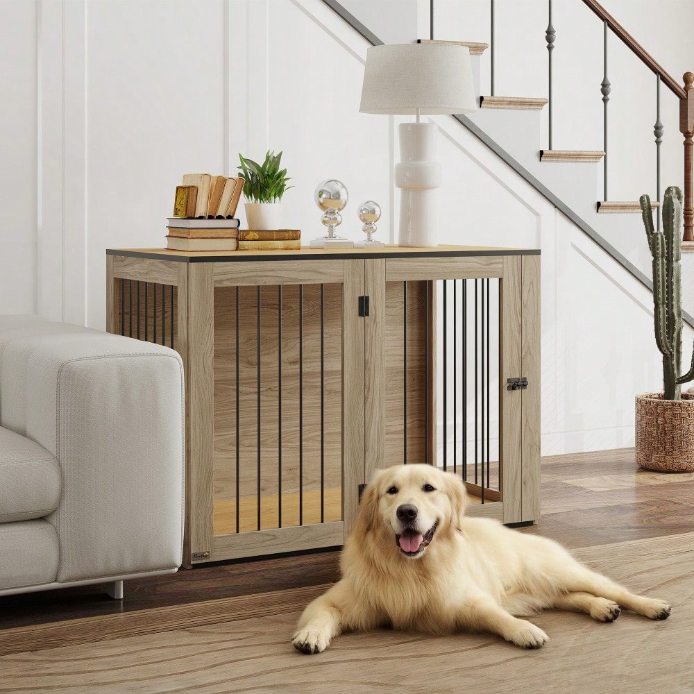 PawHut Hundekäfig als Möbelstück mit Beistellfunktion, für große Hunde bis 30 kg, mit Tür & Fenster, Stahlgestell in Eiche-Optik, 106x60x76 cm
