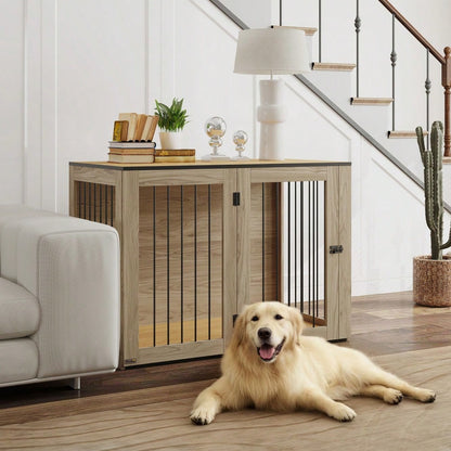 PawHut Hundekäfig als Möbelstück mit Beistellfunktion, für große Hunde bis 30 kg, mit Tür & Fenster, Stahlgestell in Eiche-Optik, 106x60x76 cm