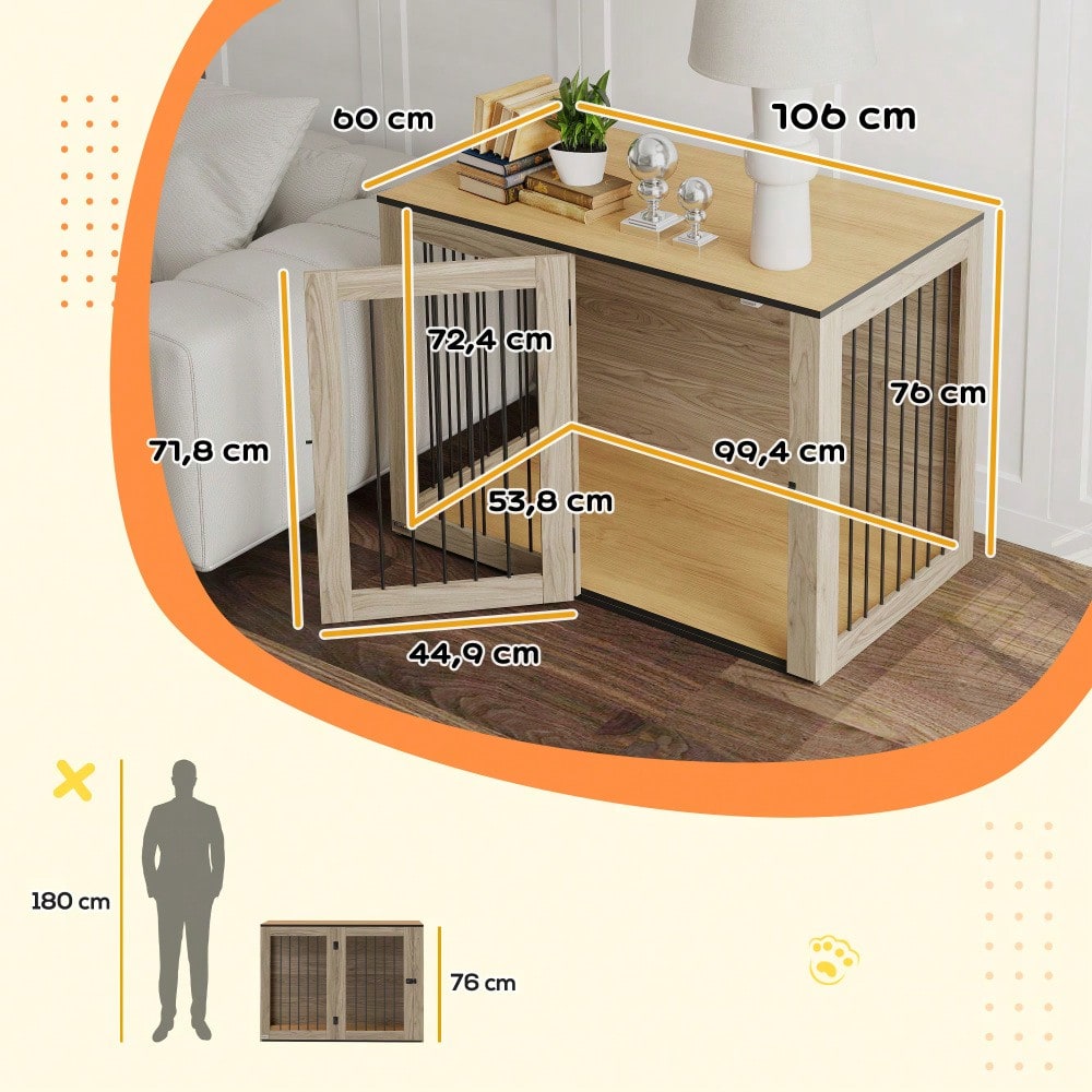 PawHut Hundekäfig als Möbelstück mit Beistellfunktion, für große Hunde bis 30 kg, mit Tür & Fenster, Stahlgestell in Eiche-Optik, 106x60x76 cm