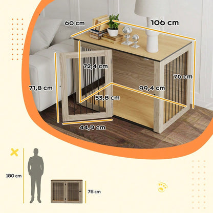 PawHut Hundekäfig als Möbelstück mit Beistellfunktion, für große Hunde bis 30 kg, mit Tür & Fenster, Stahlgestell in Eiche-Optik, 106x60x76 cm